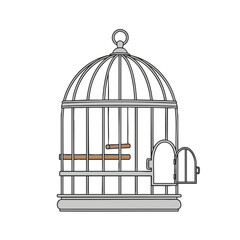 Vector illustration of a birdcage with an open door, a ring at the top