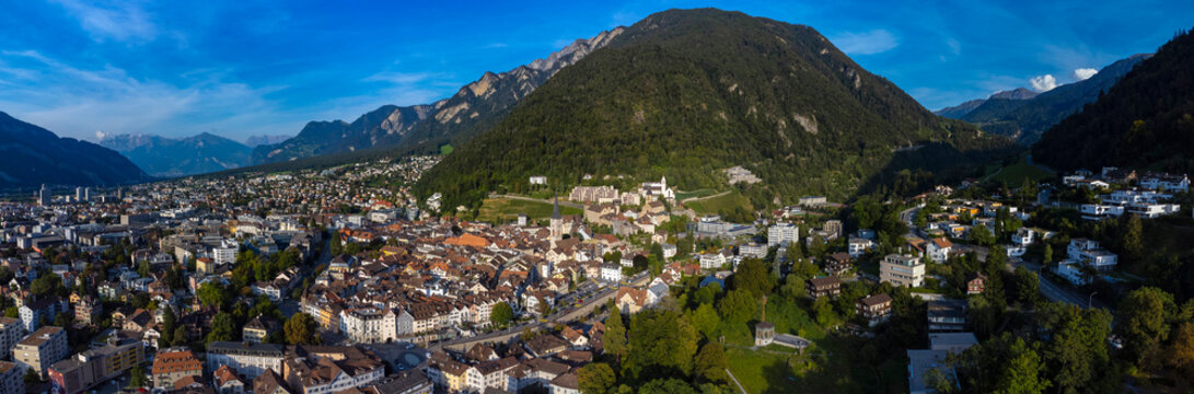 Aerial view of mountains beside the city Chur in Switzerland on a sunny day in summer.