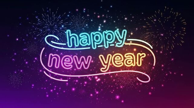 Elegant Cursive Happy New Year with Sparkling Fireworks
