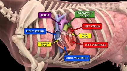 Detailed anatomical illustration of a bovine heart within a ribcage, highlighting key components such as the aorta, pulmonary artery, left and right atriums, ventricles