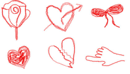Hand-Drawn Red Crayon Sketch Elements PNG Featuring Hearts, Rose, Bow, and Pointing Hand