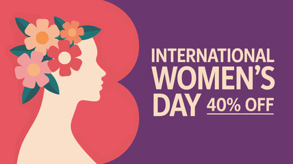 Womans silhouette with flowers in hair in vibrant colors on purple background for International Womens Day promotion