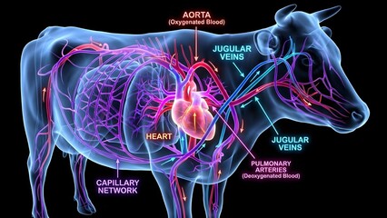 Detailed anatomical illustration of a cow's circulatory system showing heart, arteries, veins, and capillary network in vibrant colors against a black background