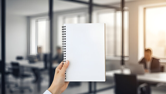 Hand holding a blank notebook in a modern office environment for mockup purposes - Powered by Adobe
