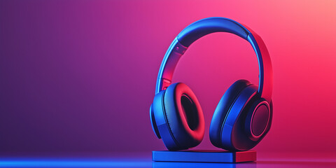Stylish headphones with colorful lights on a reflective surface  