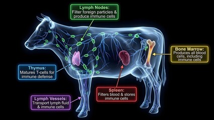 Detailed illustration of a cow's immune system showing lymph nodes, thymus, lymph vessels, spleen, and bone marrow, educational diagram for anatomy and physiology studies