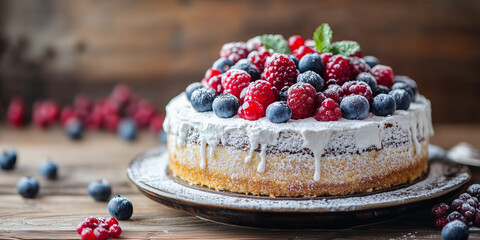Fresh berry cake topped with raspberries and blueberries on wooden table