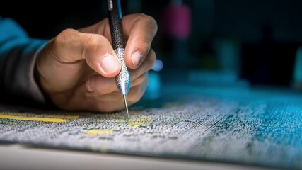Closeup medium view of an operator carefully preparing a circuit board with selective masking tape to enable intricate electroplating on designated areas.