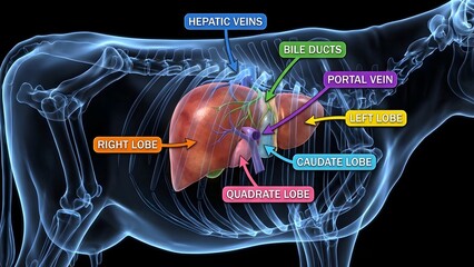 Detailed Bovine liver anatomy with labeled parts and transparent ribcage and skeleton on black background for medical education and healthcare concepts
