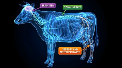 Detailed transparent blue illustration of a cow with highlighted brainstem, spinal nerves, and sensory motor pathways for educational purposes in anatomy and physiology
