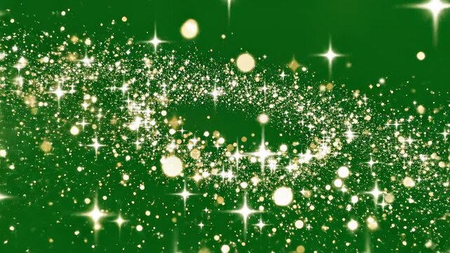 Isolated highly stylized star particle field rotating gently in the void against a pure solid green background for easy compositing and visual effects overlay clean, sparkle, future