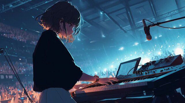 A focused female anime keyboardist performs intricate melodies on her instrument during a live concert.