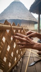 Artisan Weaving Bamboo Fence Traditional Craftsmanship in Rural Village Life