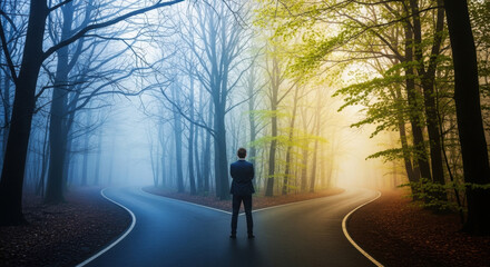 A man in a suit stands at a crossroads where one path is surrounded by autumn trees and the other by spring foliage, shrouded in fog, symbolizing a pivotal decision.