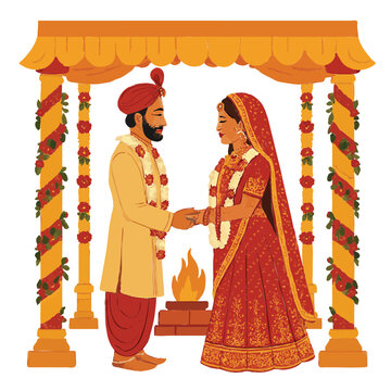  Indian Wedding Bride and Groom Under Shadi Mandap Clipart &ndash; Traditional Marriage Ceremony Illustration Isolated on White Background