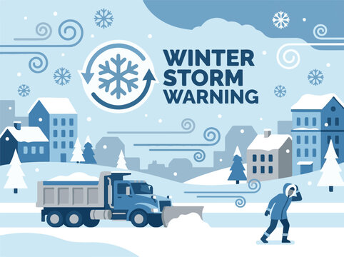Winter Storm Warning Illustration with Snowplow and Person in Blizzard