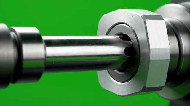 Isolated mechanical shaft component smoothly slides and locks into a bearing assembly frame against a clean green screen background mechanics, detail, clean green screen background
