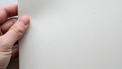Obraz premium A close-up shot shows a person's hand holding a plain, off-white surface, possibly a book or paper, with a shallow depth of field