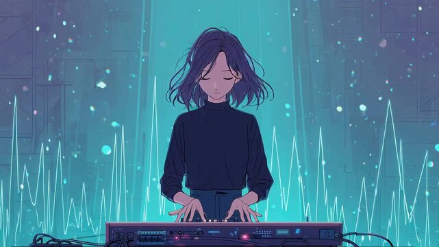 A serene female anime keyboardist creates captivating music on stage with ethereal blue light effects.