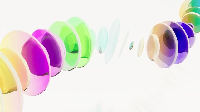 Colored optics lenses on a white bg able to loop endless 4k