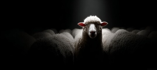 A sheep on dark with dim spotlight. Generative AI technology.	
