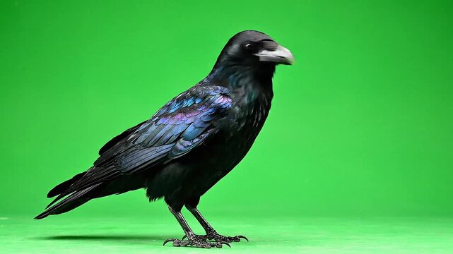 Raven crow bird standing and cawing on green screen