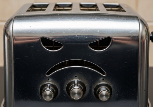 A Funny Silver Metal Toaster Creates The Appearance Of A Very Angry Human Like Face