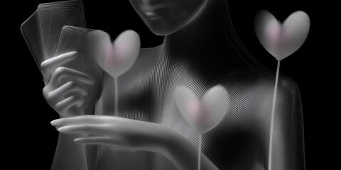 Abstract figure holding cards with heart flowers in dark background  