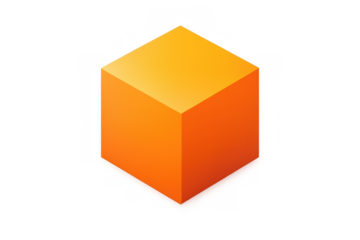Orange isometric cube with gradient color on a transparent background, representing technology and innovation