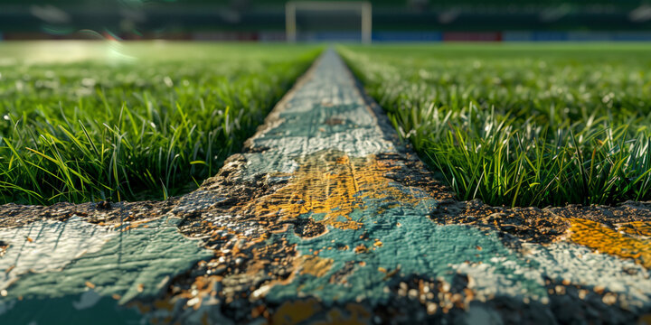 Grass field with worn line marking on soccer stadium pitch  