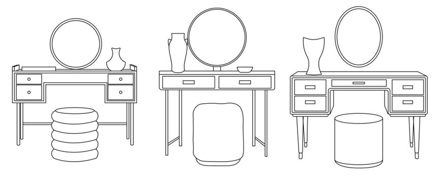 Minimal dressing table line art vector assets for interior design and graphic design
