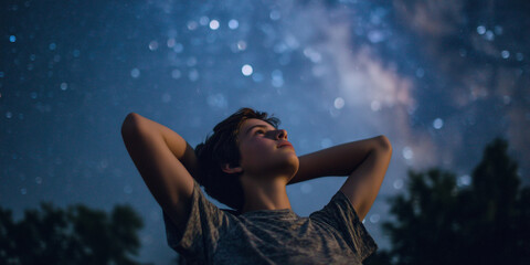 Young boy gazing at starry night sky with arms behind his head  