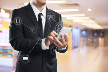 Man using mobile payments online shopping and icon customer network connection on screen, m-banking...