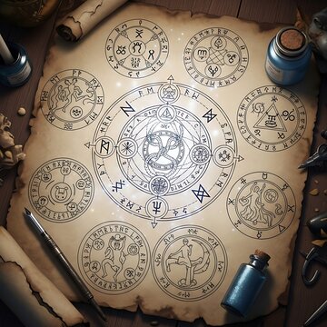 Ancient Magic Scroll with Mystical Symbols and Runes.