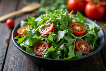 Fresh Green Salad with Cherry Tomatoes and Macadamia Nuts in a Dark Bowl