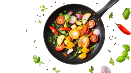 Stirring colorful ingredients in frying pan cooking process on transparent background