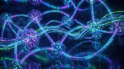 Abstract 3D visualization of blockchain network, luminous data chains connecting transparent cubes, glowing neon blue and purple colors, high detail
