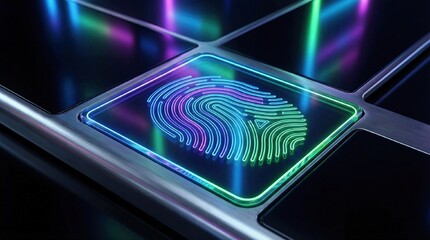digital fingerprint scan, high-fashion style, electric colors, biometric security concept, modern and luxurious, glossy background