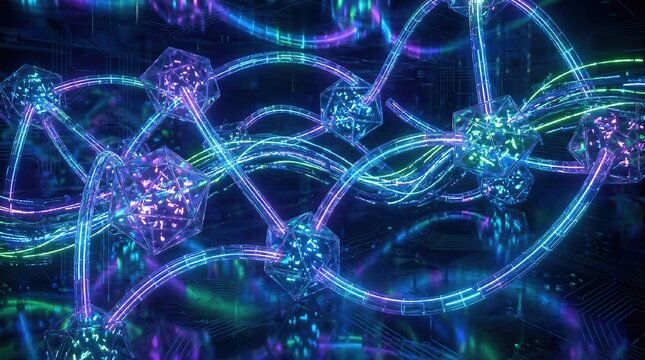 Abstract 3D visualization of blockchain network, luminous data chains connecting transparent cubes, glowing neon blue and purple colors, high detail - Powered by Adobe