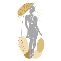 Silhouette of a cute lady and leaves of a plant. The girl is standing. The woman has a beautiful figure. She is young and slim. Vector illustration