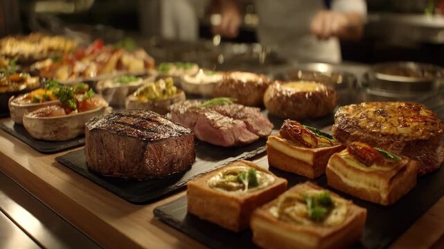 Dynamic medium shot of a diverse meat tasting counter offering grilled and smoked variations capturing vibrant interactions and culinary delight.