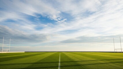 A well-maintained rugby field under a partly cloudy sky with goalposts at each end.