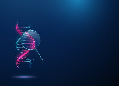 Purple 3D DNA under magnifying glass. Genetic mutation, DNA sequencing, molecular biology, gene editing, scientific innovation, diagnostics concept