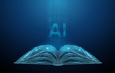 Open book with vertical streams of blue digital dots and letters AI. Knowledge expansion, learning systems, data processing, information flow concept.