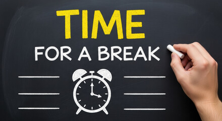 Chalkboard with message saying time for a break using yellow text with clock drawing, hand holding chalk in studio lighting.