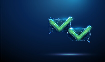 Two 3d chat bubbles with green check marks. Confirmation, approval flow, successful communication, positive feedback, validated response, completed inquiry concept.