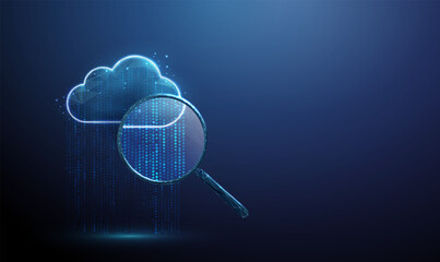 Cloud icon with streams of blue dots and magnifying glass. Data analytics, information scanning, big data investigation, cloud computing review, system monitoring concept