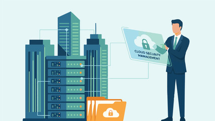 Businessman managing cloud security and data protection in a modern IT environment
