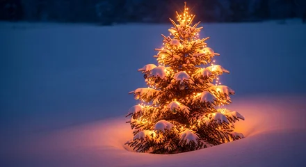 Sierkussen Meisjeskamer Snow-covered Christmas tree with warm lights, standing in snowy field at night, evokes winter holidays, magic and festive cheer  © PhotoArtHub