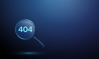 Error 404 and Not Found inside a magnifying glass. Internet error, diagnostics, problem detection, web monitoring, technical support, system analysis concept.